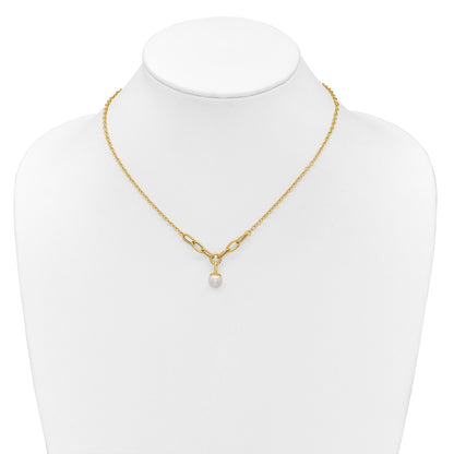 14K Yellow Gold Polished 8-9mm Near Round Freshwater Cultured Pearl Dangle 16.75 Inch Necklace