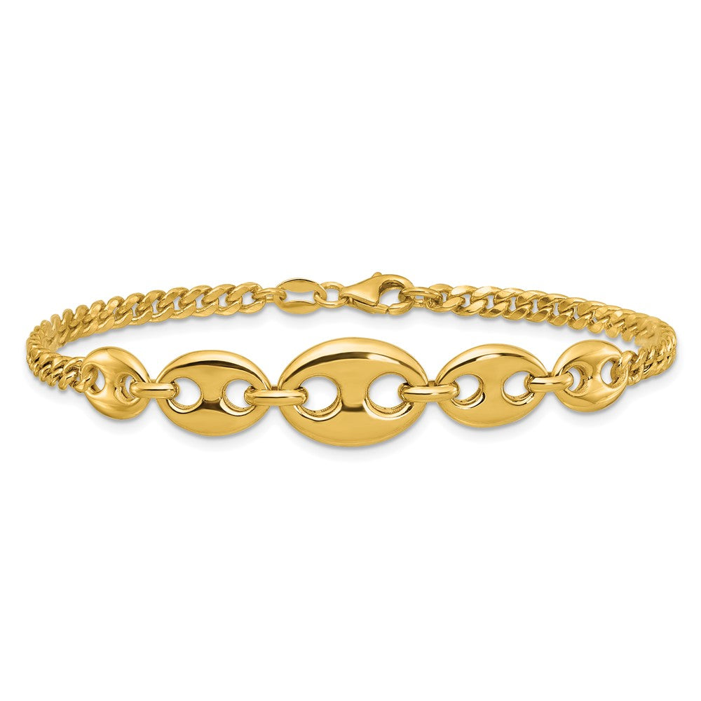 14K Yellow Gold Polished Graduated Puffed Mariner and Curb Link 7 Inch Bracelet