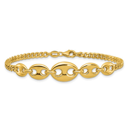 14K Yellow Gold Polished Graduated Puffed Mariner and Curb Link 7 Inch Bracelet