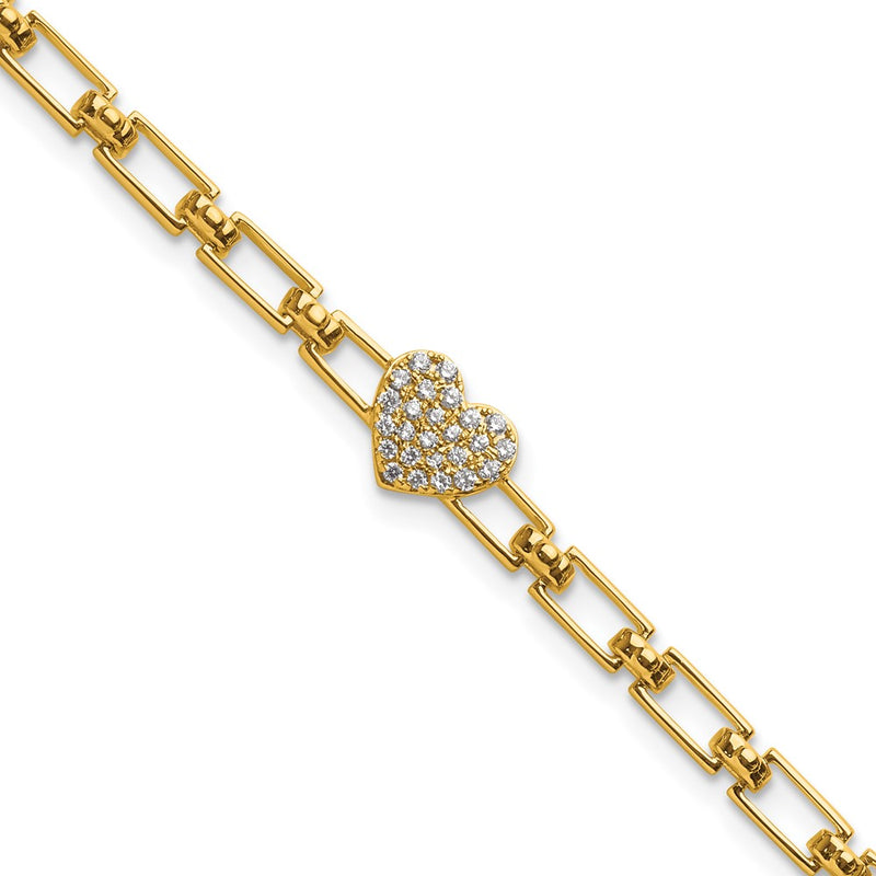 14K Yellow Gold Polished Complete 1/6 carat Diamond Heart Cluster Fancy Link 7 Inch Bracelet with 1 Inch Extender