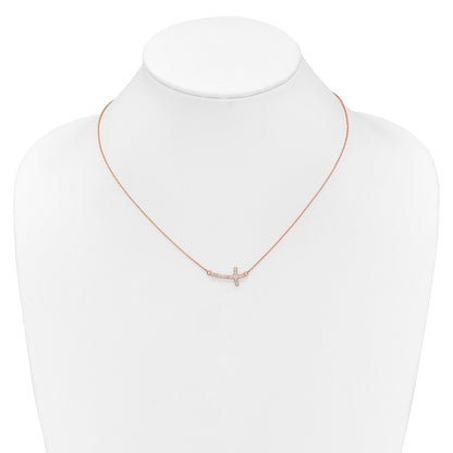 14K Rose Gold 1/10 carat Diamond Sideways Cross 18 Inch Necklace