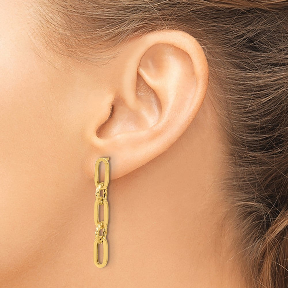 14K Yellow Gold Polished and Textured Chain Link Dangle Post Earrings