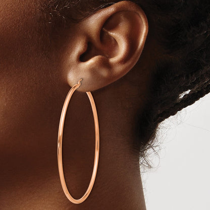 14K Rose Gold 2x60mm Polished Lightweight Tube Hoop Earrings