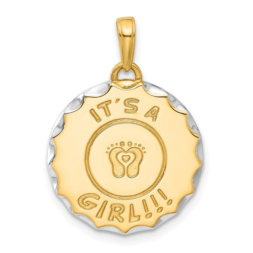 14K Yellow Gold and Rhodium Diamond-cut It's A Girl! Disc Pendant