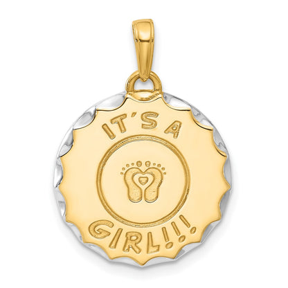 14K Yellow Gold and Rhodium Diamond-cut It's A Girl! Disc Pendant