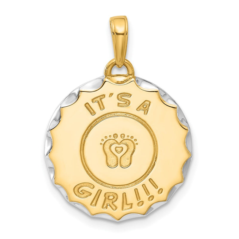 14K Yellow Gold and Rhodium Diamond-cut It's A Girl! Disc Pendant