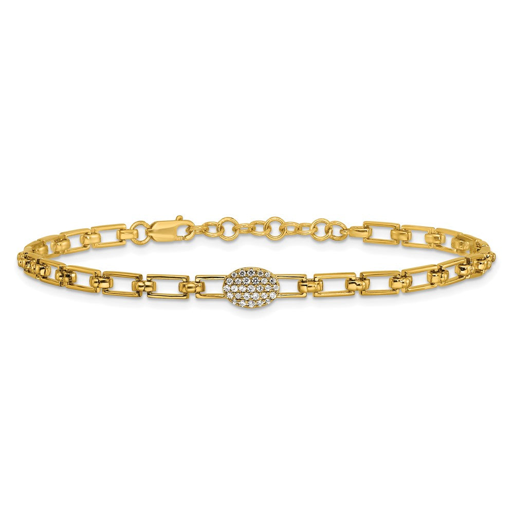 14K Yellow Gold Polished Complete 1/8 carat Diamond Oval Cluster Fancy Link 7 Inch Bracelet with 1 Inch Extender