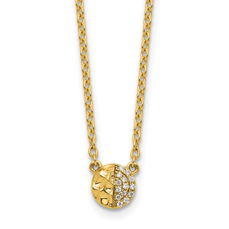 14K Yellow Gold Polished and Hammered 1/20 carat Diamond Disk 18 Inch Necklace