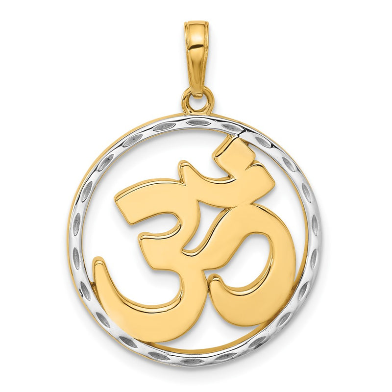 14K Yellow Gold and Rhodium Diamond-cut Om Symbol in Circle Pendant