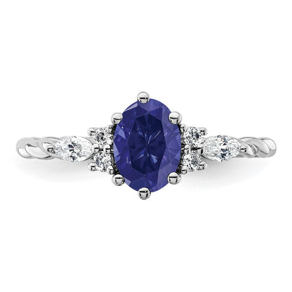 14K White Gold Diamond and 7x5 Oval September/Lab Created Sapphire Size 7 Twisted Ring