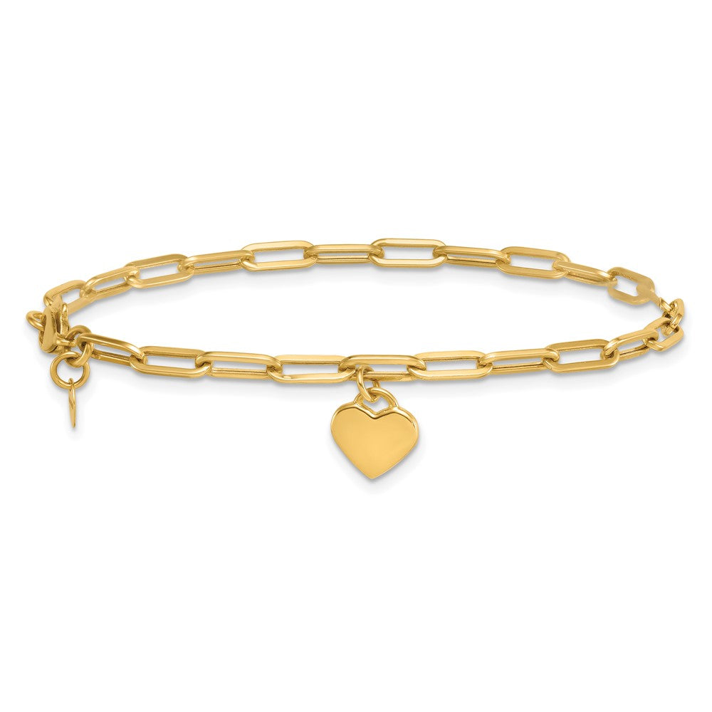 14K Yellow Gold Polished Flat Dangle 9mm Heart Paperclip Link 7.25 Inch Bracelet