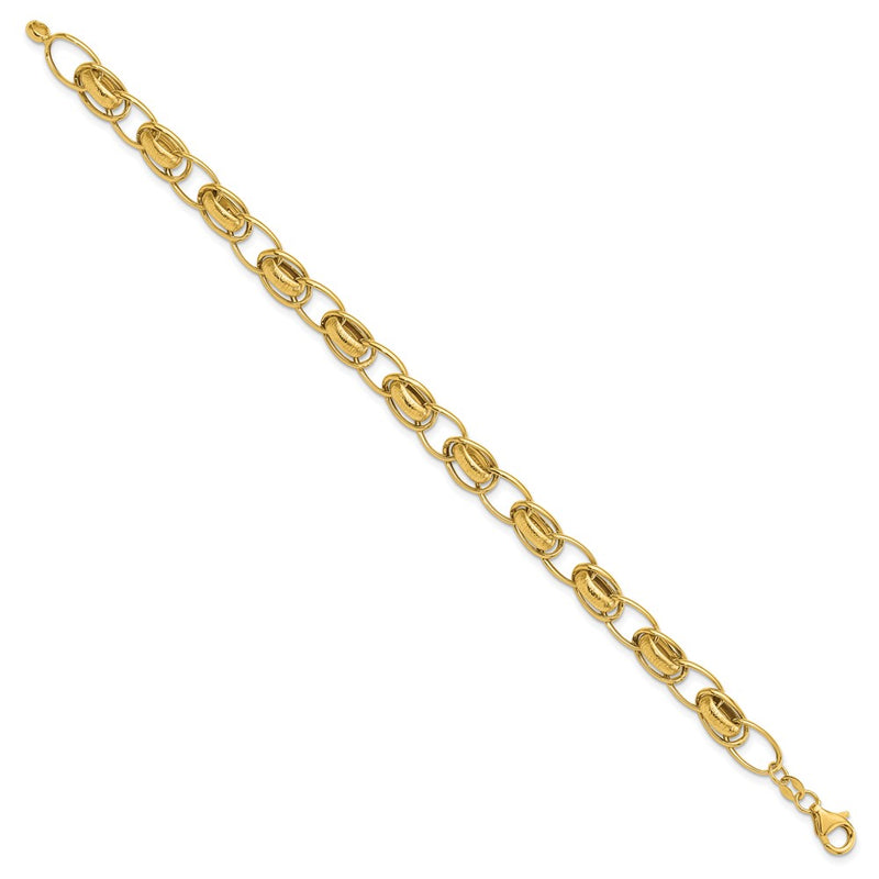 14K Yellow Gold Polished and Textured 7mm Fancy Link 7.5 Inch Bracelet