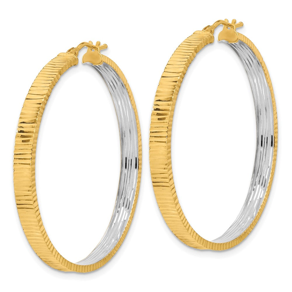 14K Yellow Gold Polished and Rhodium Diamond-cut Circle Hoop Earrings