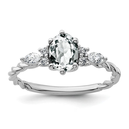 14K White Gold Diamond and 7x5 Oval April/White Topaz Size 7 Twisted Ring