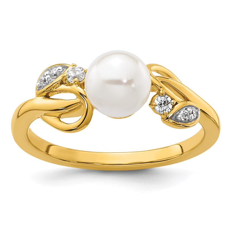 14K Yellow Gold Polished 1/15 carat Diamond and Freshwater Cultured Pearl Size 7 Ring