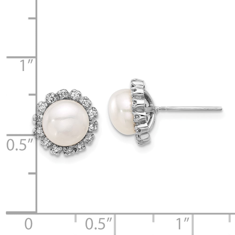 14K White Gold 7-8mm White Button Freshwater Cultured Pearl and .28 Carat Diamond Halo Post Earrings