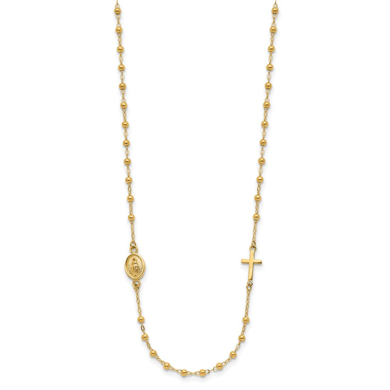 14K Yellow Gold Polished Miraculous Medal and Cross Beaded Rosary Design 16.5 Inch Necklace