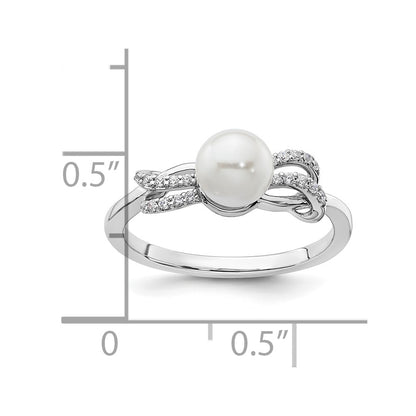 14K White Gold Polished 1/10 carat Diamond and White Freshwater Cultured Pearl Size 7 Ring