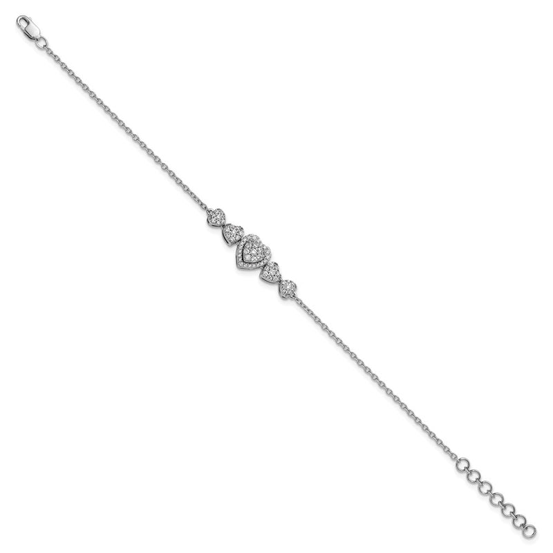 14K White Gold Polished Complete 5/8 carat Diamond Hearts 7 Inch Bracelet with 1 Inch Extender