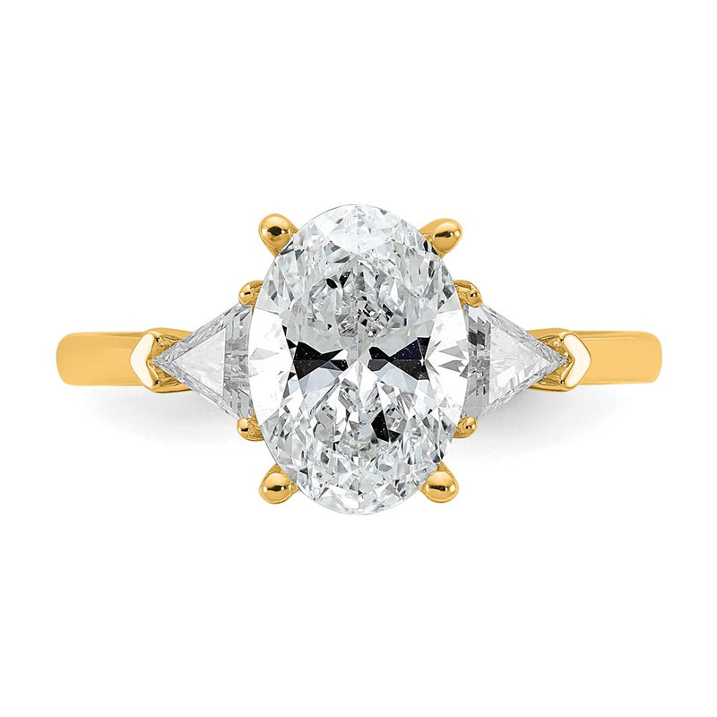 14K Yellow Gold 1/2 carat Lab Grown Diamond VS+ F+ Trillion and 2 carat Oval Center Semi Mount Three Stone Engagement Ring