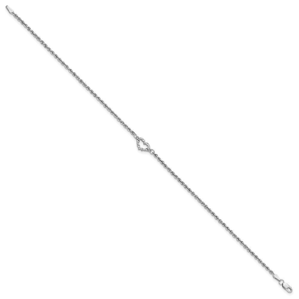 14K White Gold Diamond-cut Open Heart and Rope Chain Bracelet