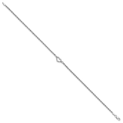 14K White Gold Diamond-cut Open Heart and Rope Chain Bracelet