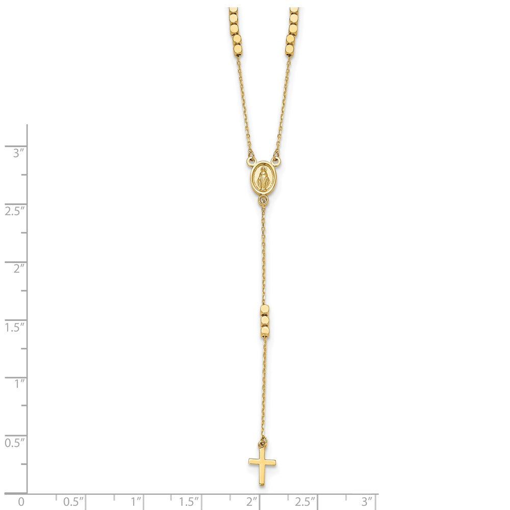 14K Yellow Gold Polished Miraculous Medal and Cross Rosary Design 17.75 Inch Y-Drop Necklace