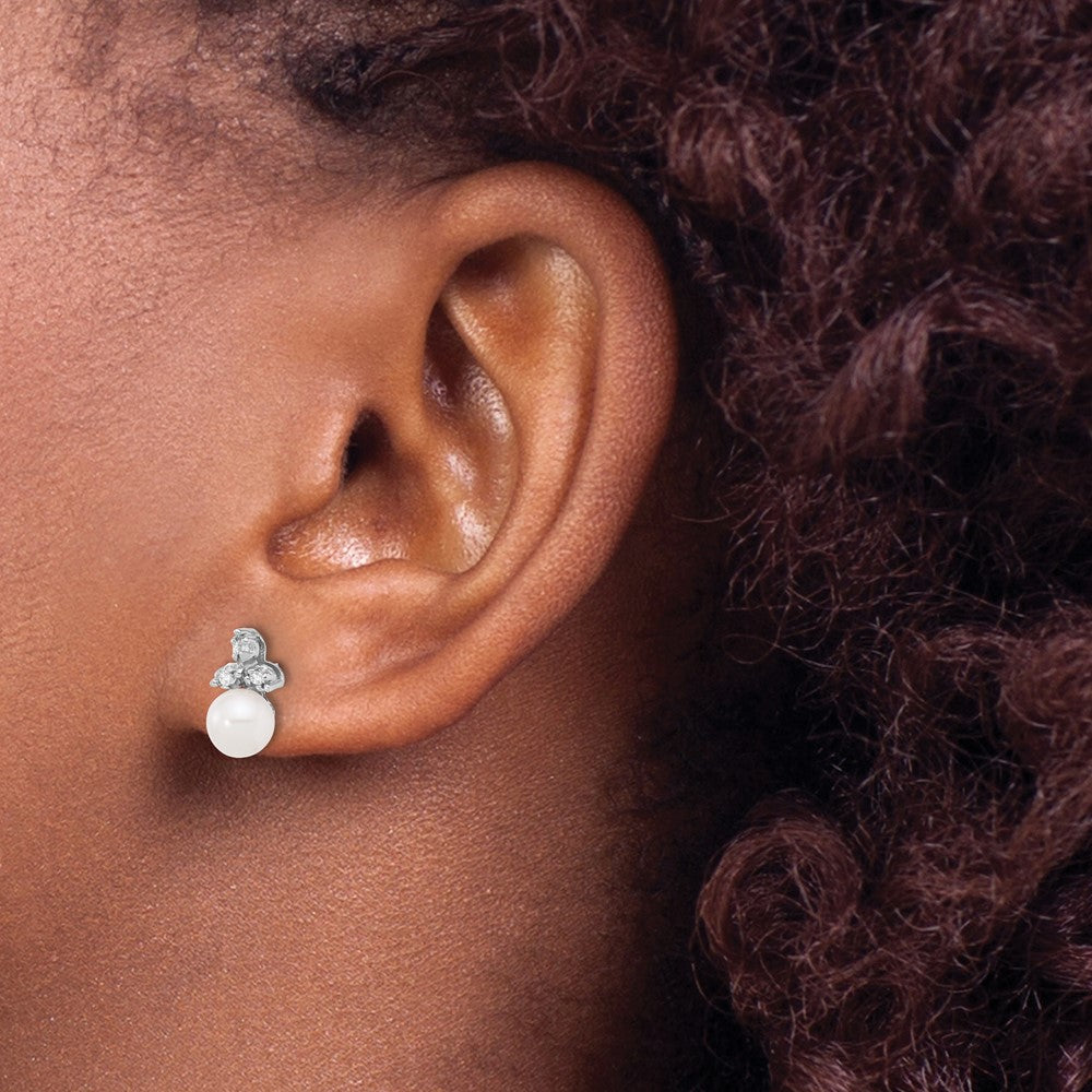 14K White Gold 5-6mm White Round Freshwater Cultured Pearl .06 Carat Diamond Post Earrings