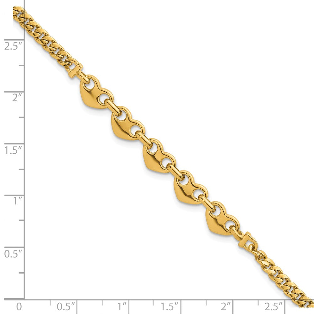 14K Yellow Gold Polished Five Hearts with Curb Link 7 Inch Bracelet