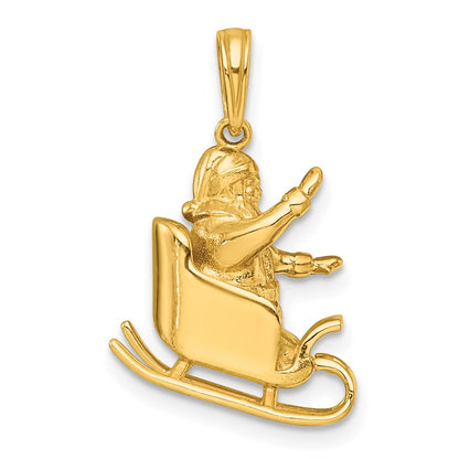 14K Yellow Gold Polished 3-D Waving Santa In Sleigh Charm
