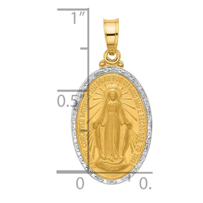 14K Yellow Gold and Rhodium Polished and Satin Solid Miraculous Medal Oval Pendant