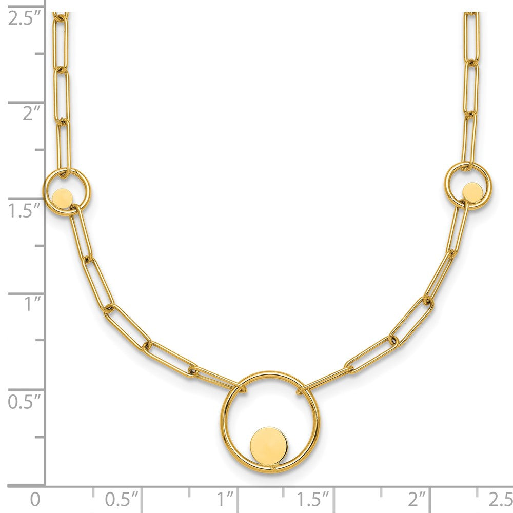 14K Yellow Gold Polished Circle in Circle and Paper Clip Links 3-Station 16.75 Inch Necklace