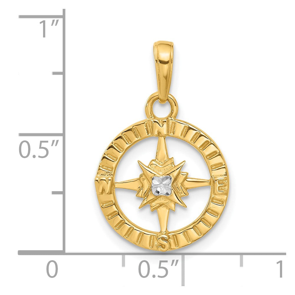 14K Yellow Gold and Rhodium Diamond-cut Compass Pendant
