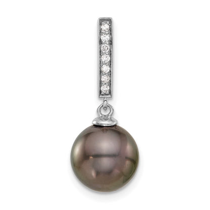 14K White Gold 10-11mm Black Round Tahitian Saltwater Cultured Pearl and .07 Carat Diamond Dangle Chain Slide