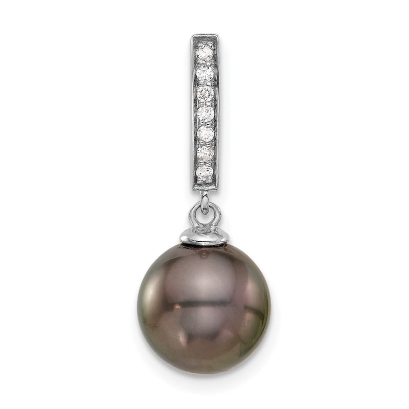 14K White Gold 10-11mm Black Round Tahitian Saltwater Cultured Pearl and .07 Carat Diamond Dangle Chain Slide