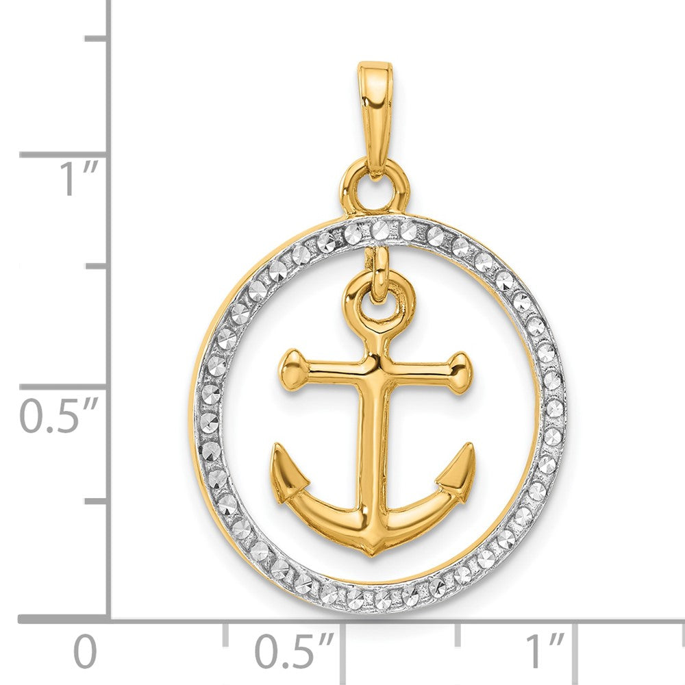 14K Yellow Gold and Rhodium Diamond-cut Anchor Dangle in Circle Pendant