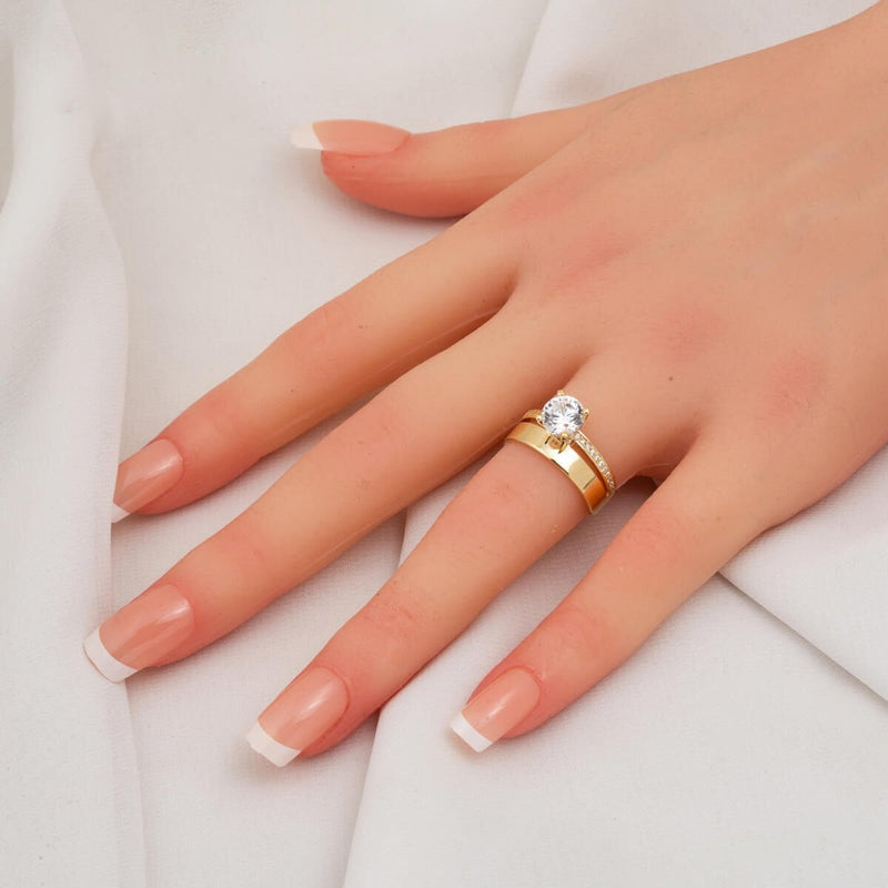 14K Yellow Gold Wedding Band Solitaire Cubic Zirconia Ring