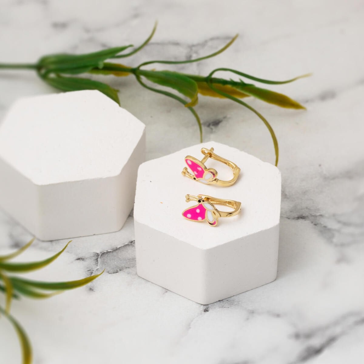 14K Yellow Gold Pink Butterfly Enamel Children's Earrings