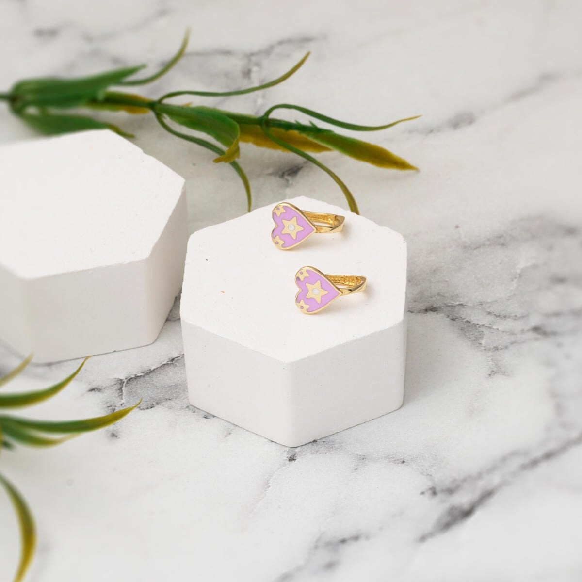 14K Yellow Gold Lilac Enamel Heart Children's Earrings