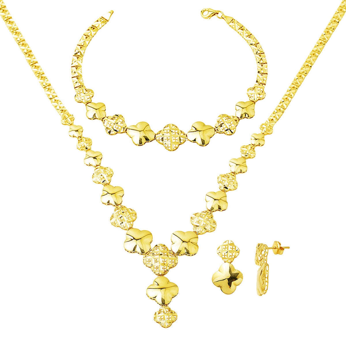 14K Yellow Gold Italian Clover Bridal Jewelry Set