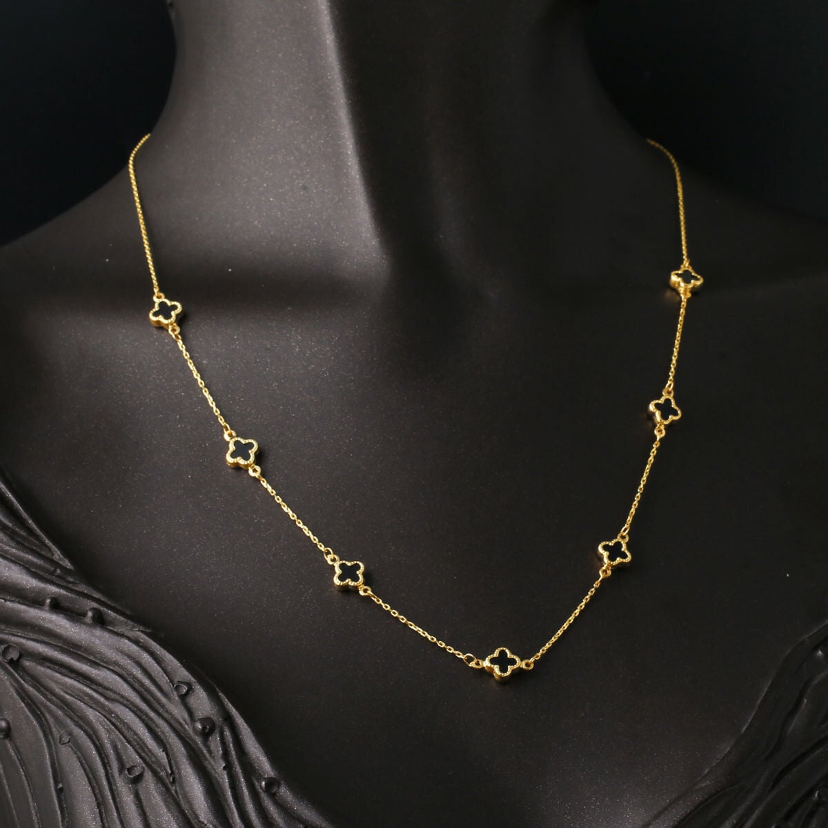 14K Yellow Gold Black Glass Clover Necklace