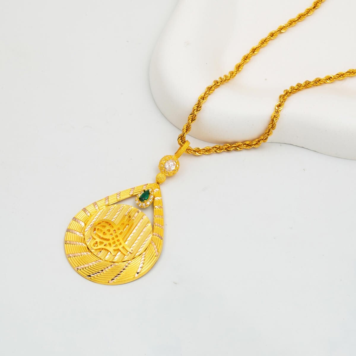 14K Yellow Gold Ottoman Tughra Teardrop Cubic Zirconia Necklace