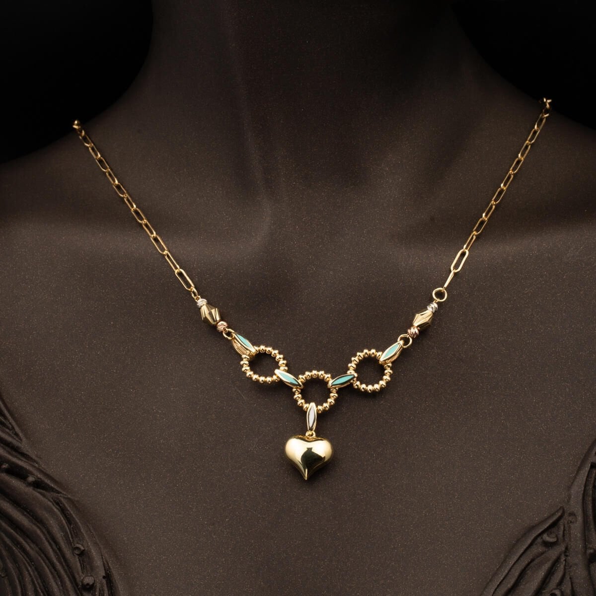 14K Yellow Gold Heart Motif Turquoise Necklace & Bracelet Set