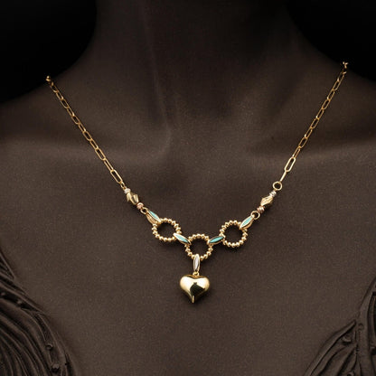 14K Yellow Gold Heart Motif Turquoise Necklace & Bracelet Set