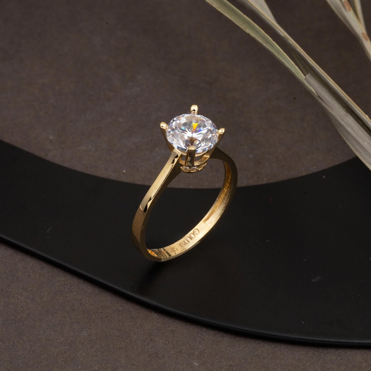 14K Yellow Gold Crown Solitaire Cubic Zirconia Ring
