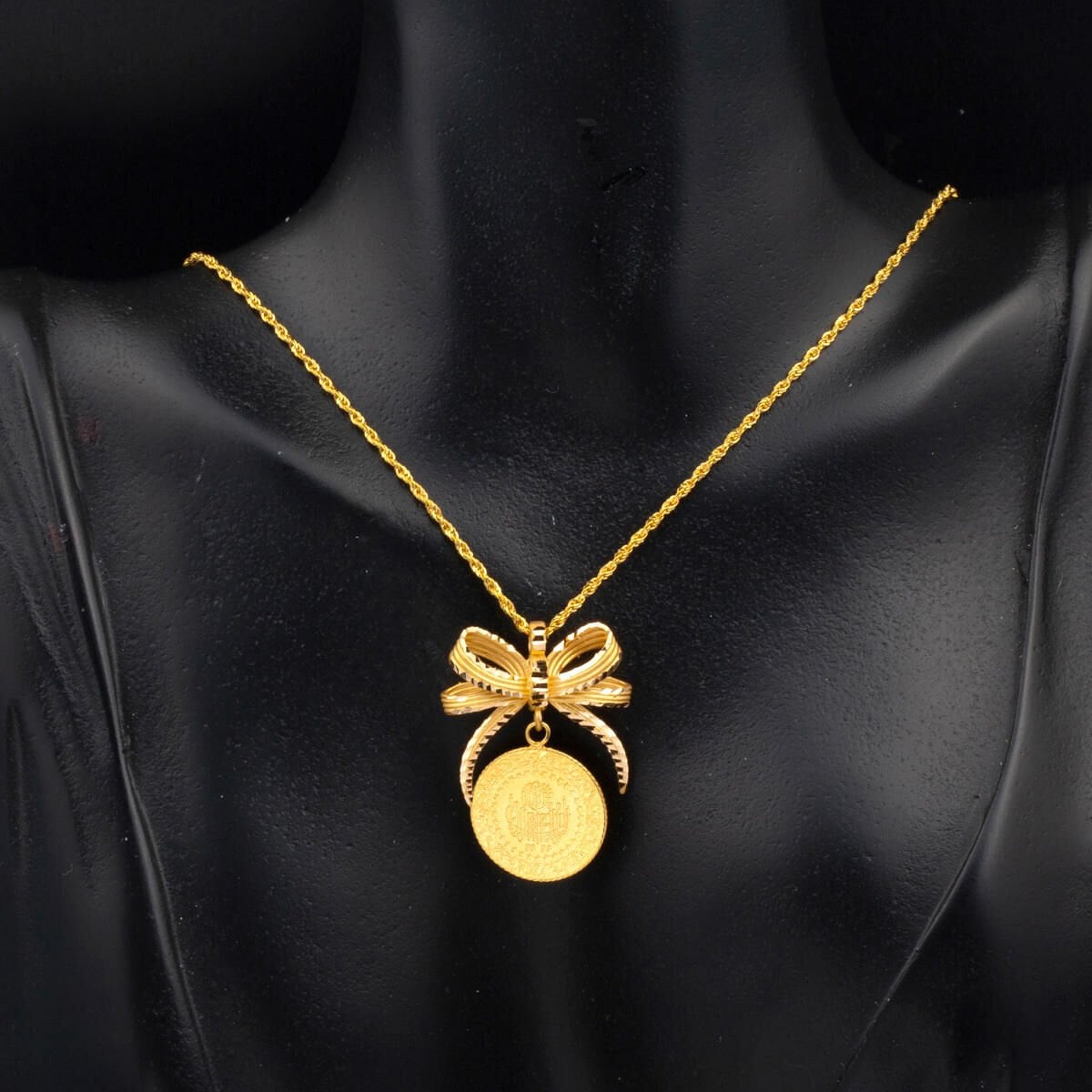 22K Yellow Gold Quarter Coin Bow Necklace