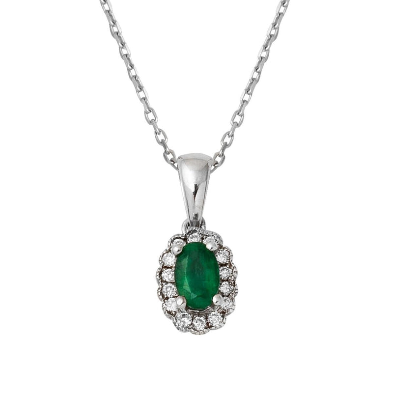 14K White Gold 0.25 Ct Emerald 0.08 Ct Diamond Necklace