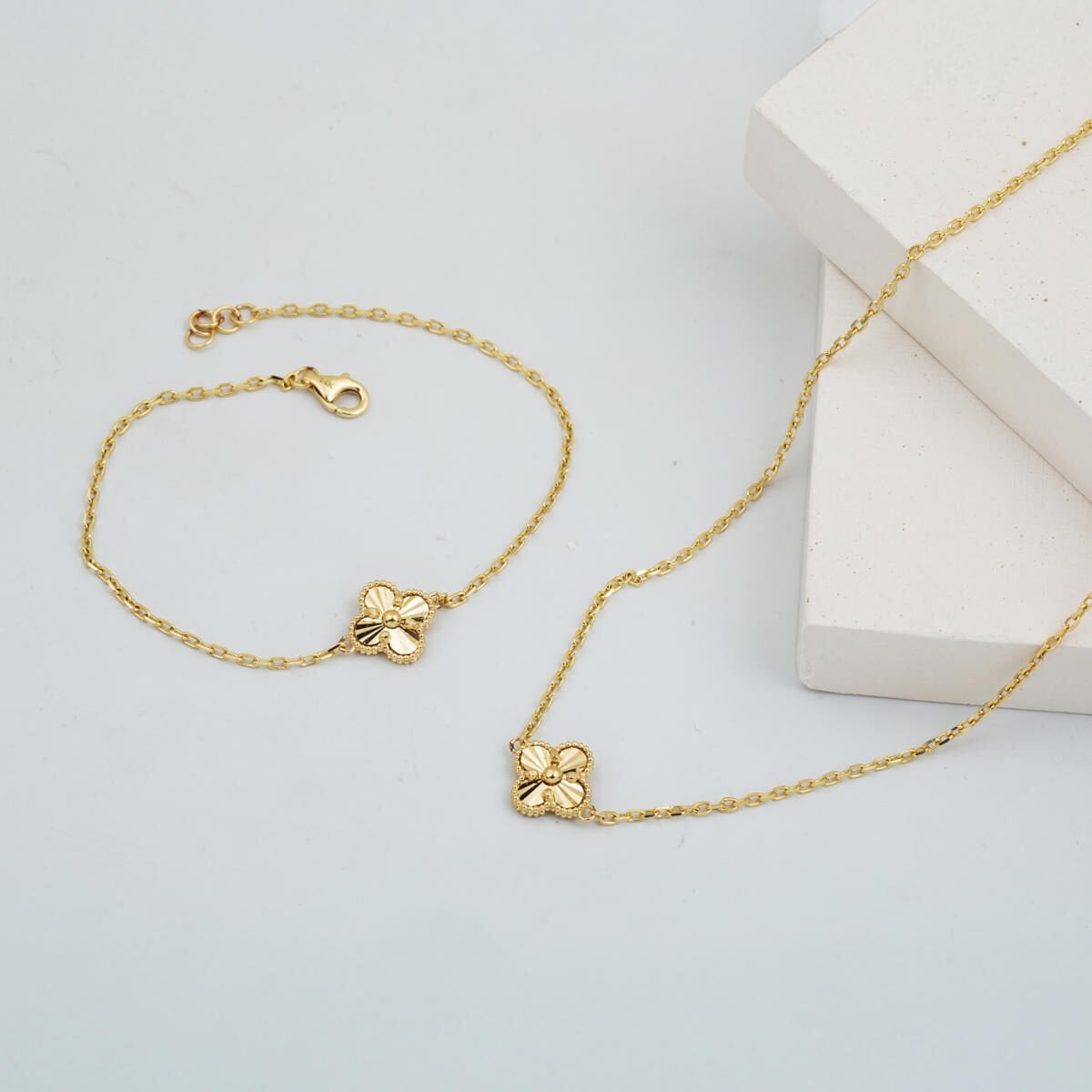 14K Yellow Gold Clover Necklace and Bracelet Set