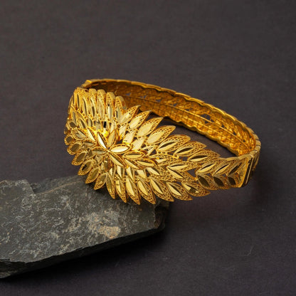 14K Yellow Gold Leaf Hinged Cuff Bangle