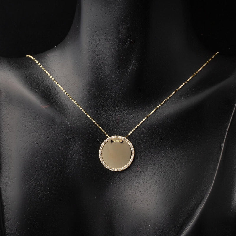14K Yellow Gold Personalized Custom Text Cubic Zirconia Necklace 2 cm Diameter